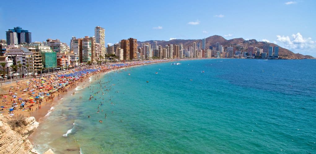 Benidorm beachfront and skyline at sunset